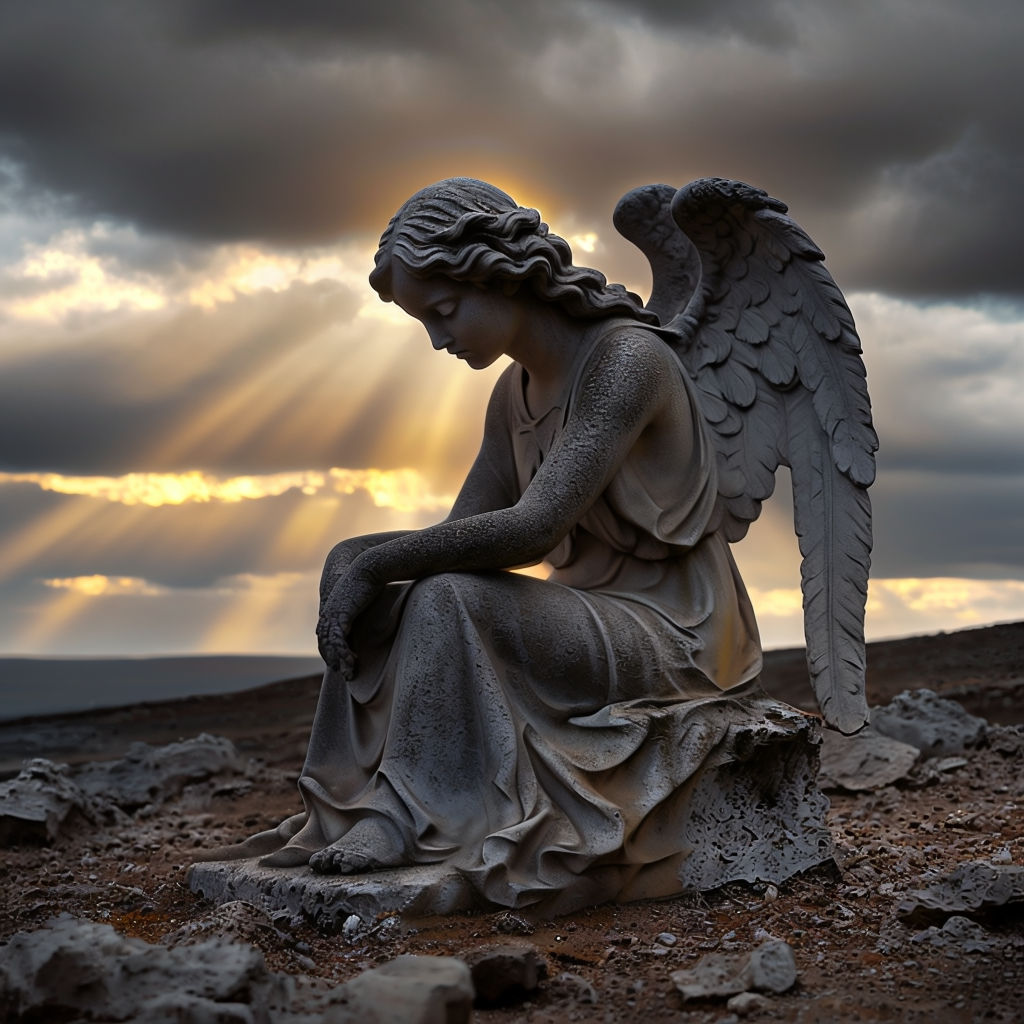 Solemn Stone Angel Statue Surrounded by Dramatic Rocky Terrain Art