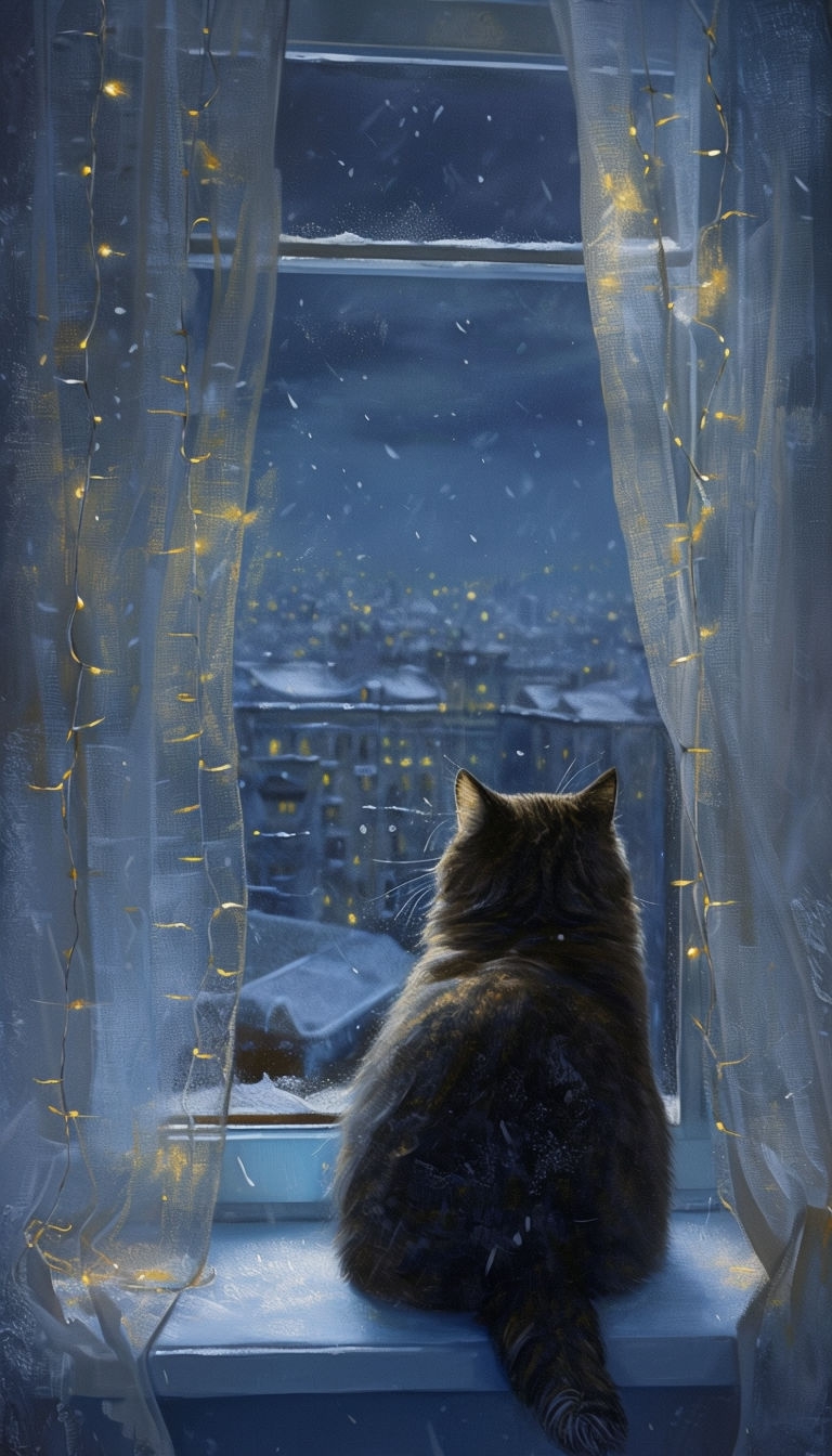Cozy Cat Watching Winter Night Through Frosted Window Wallpaper