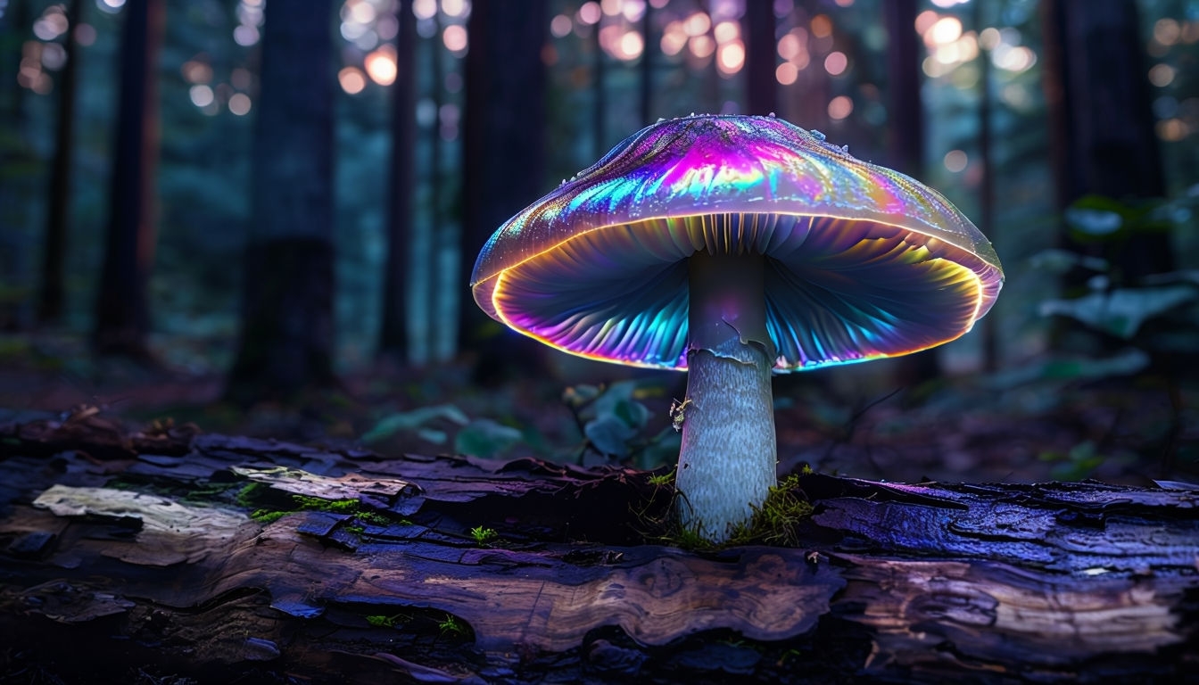 Illuminated Iridescent Mushroom in Dark Forest Virtual Background