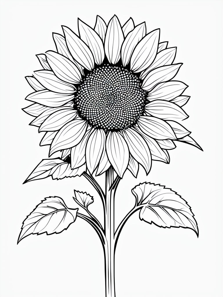 Intricate Black and White Sunflower Line Art Coloring Page