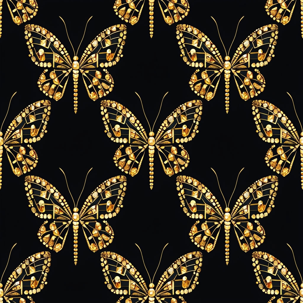 Golden Gemstone Butterflies Seamless Pattern on Black Background