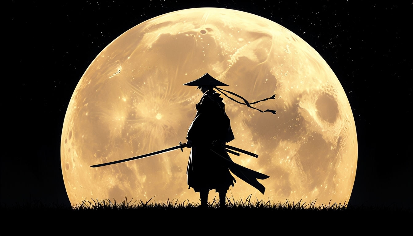 Samurai Silhouette Against Full Moon Digital Background Art