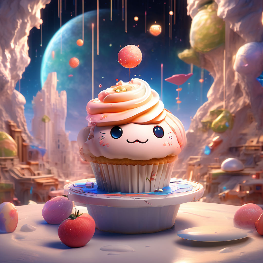 Cosmic cute cupcake with face floating in outer space with e... by ...