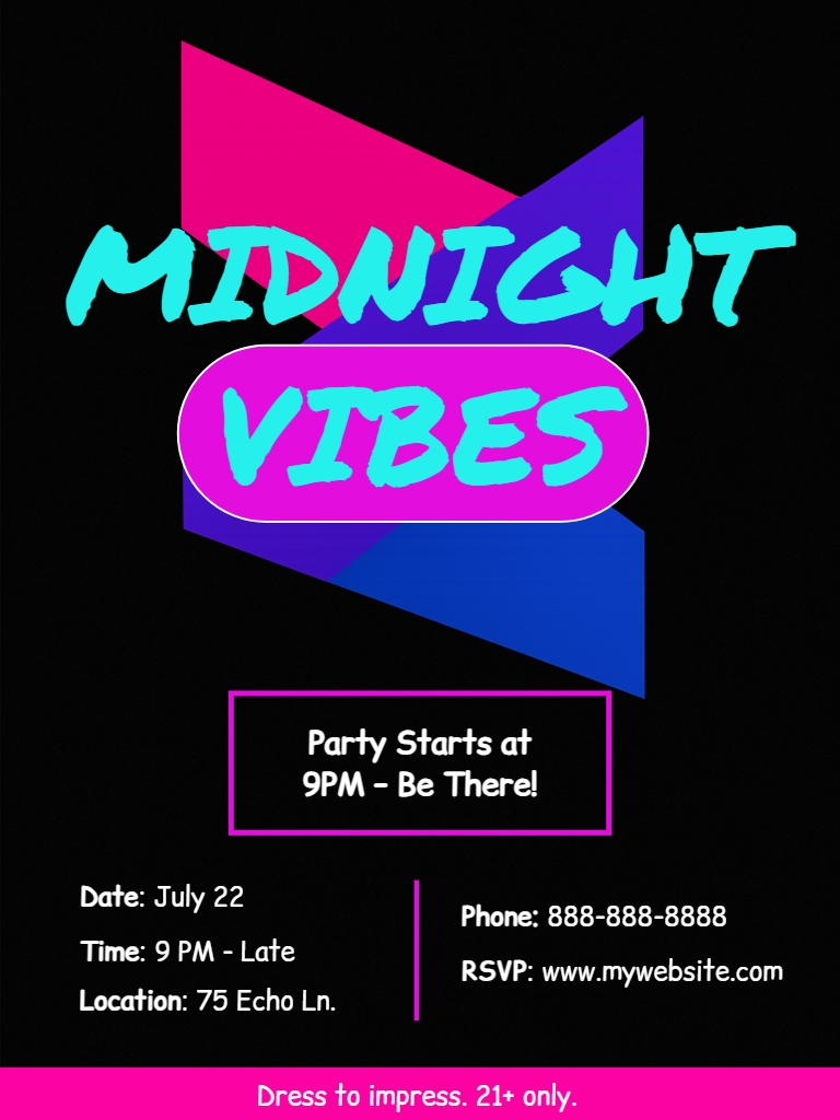 Vibrant Midnight Vibes Neon Party Flyer Design for Events Flyer