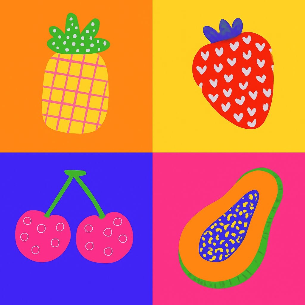 Vibrant Stylized Fruit Icons in Quadrants Seamless Pattern