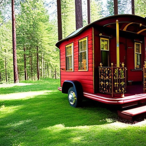 Many gypsy carriages in caravan through the forest perfectio... by ...