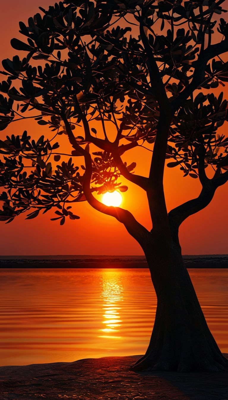 Majestic Sunset Landscape with Silhouette Tree Reflection Mobile Wallpaper