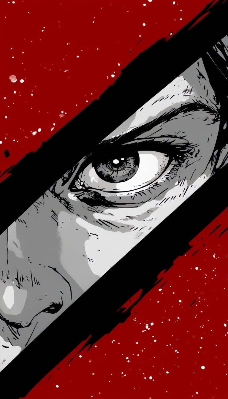 Dramatic Black and White Anime Eye Illustration with Red Background Mobile Wallpaper