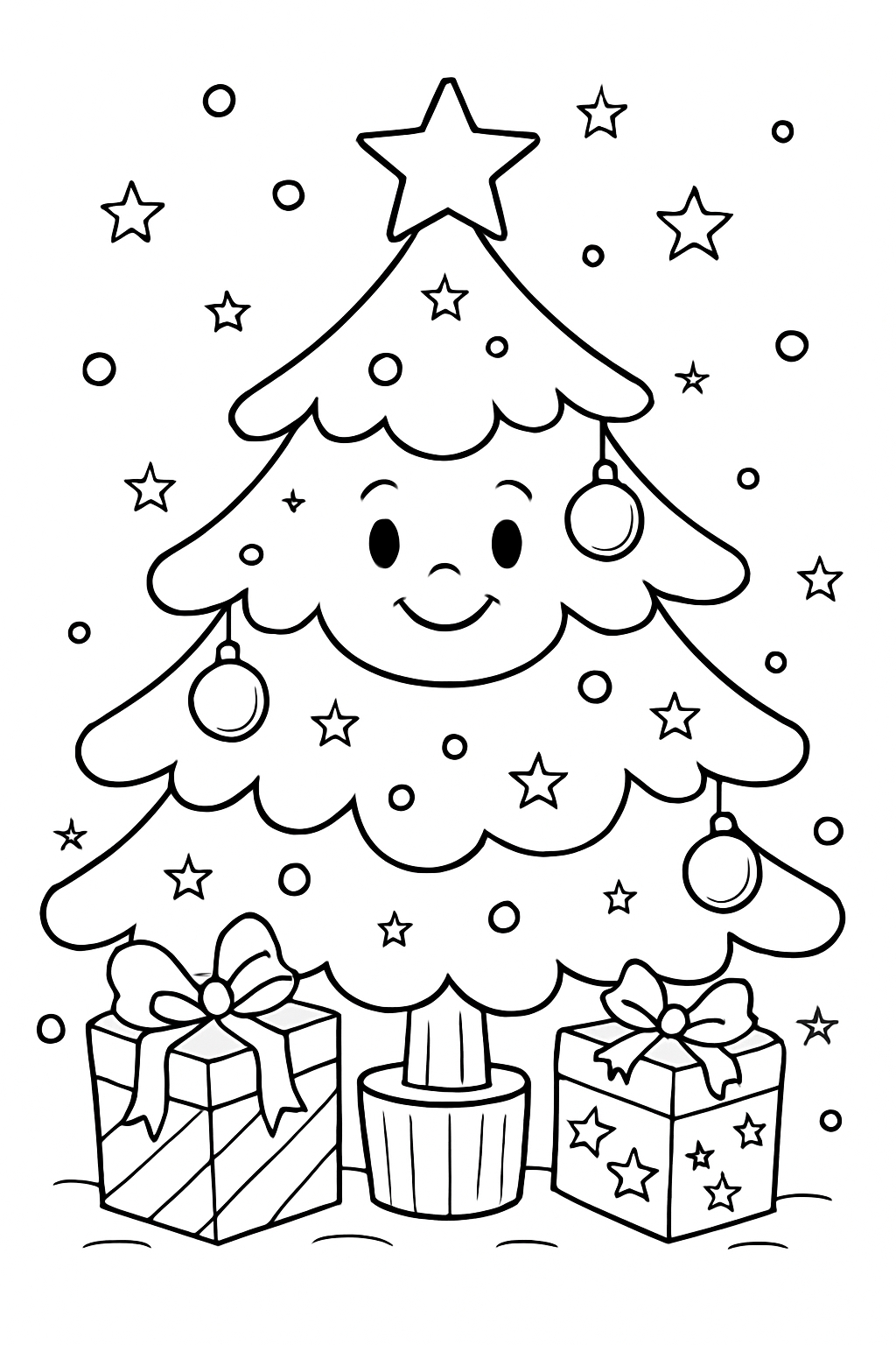 Cheerful Christmas Tree Coloring Page with Ornaments and Gifts