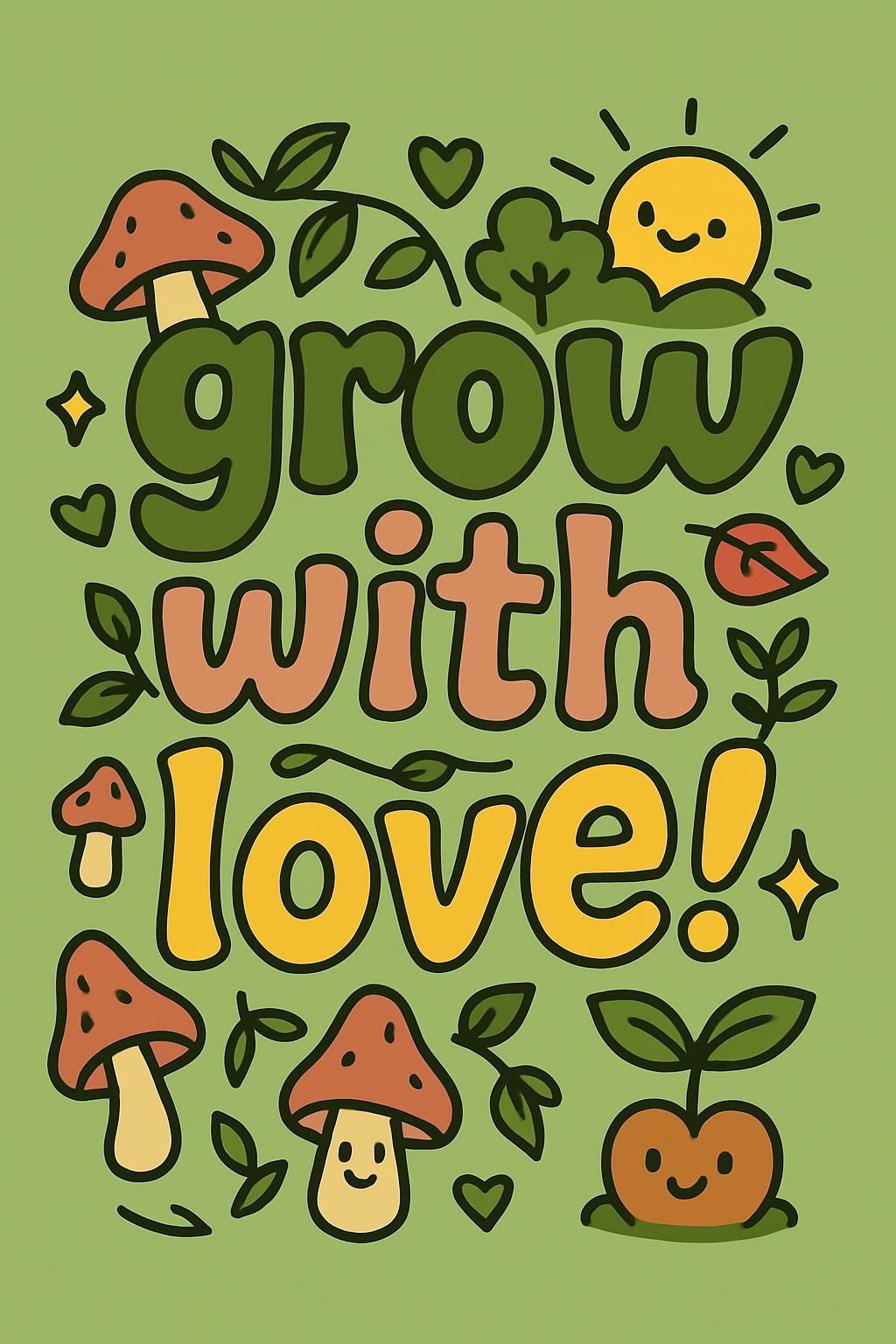 Whimsical Grow with Love Motivational Cartoon Poster