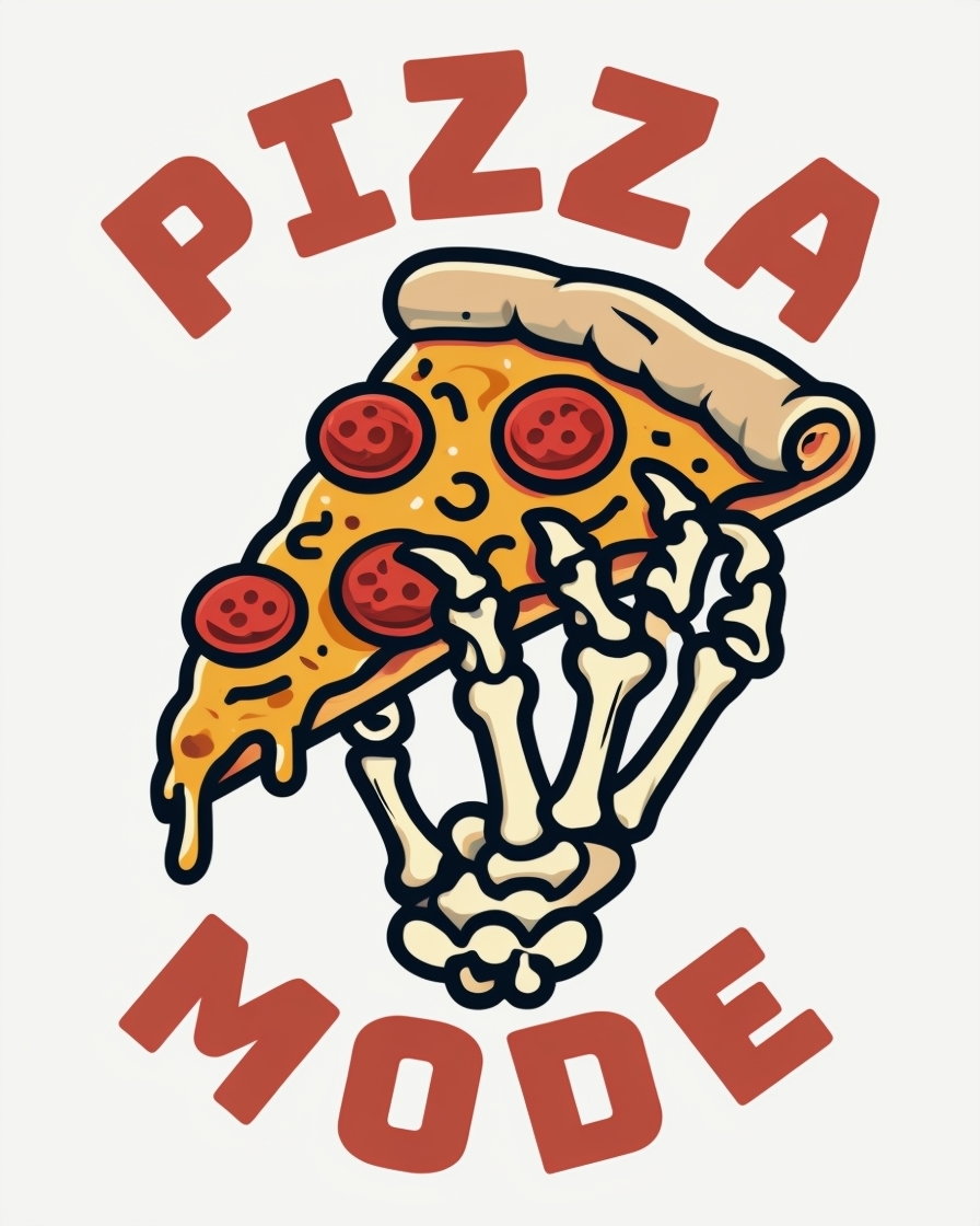 Skeletal Hand Holding Pizza in Fun Cartoon Style T-Shirt