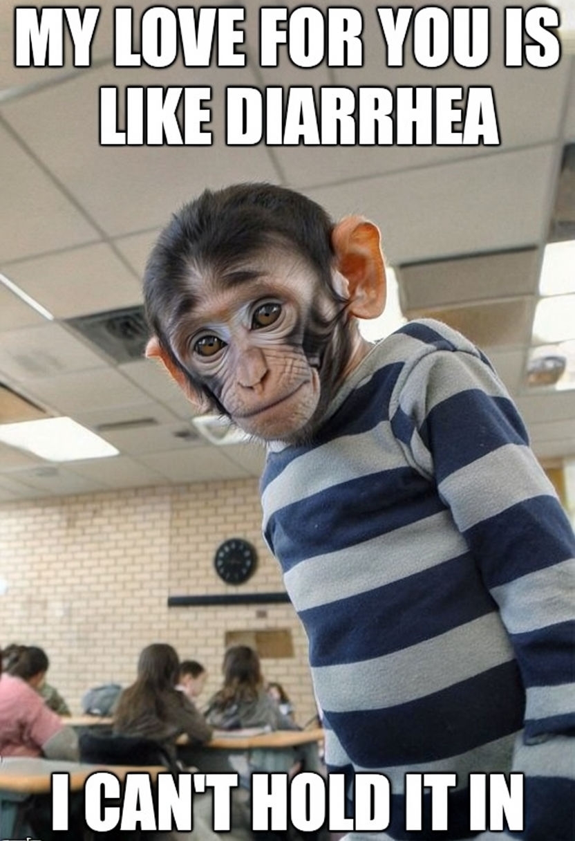 Playful Monkey Meme: My Love for You is Like Diarrhea Meme