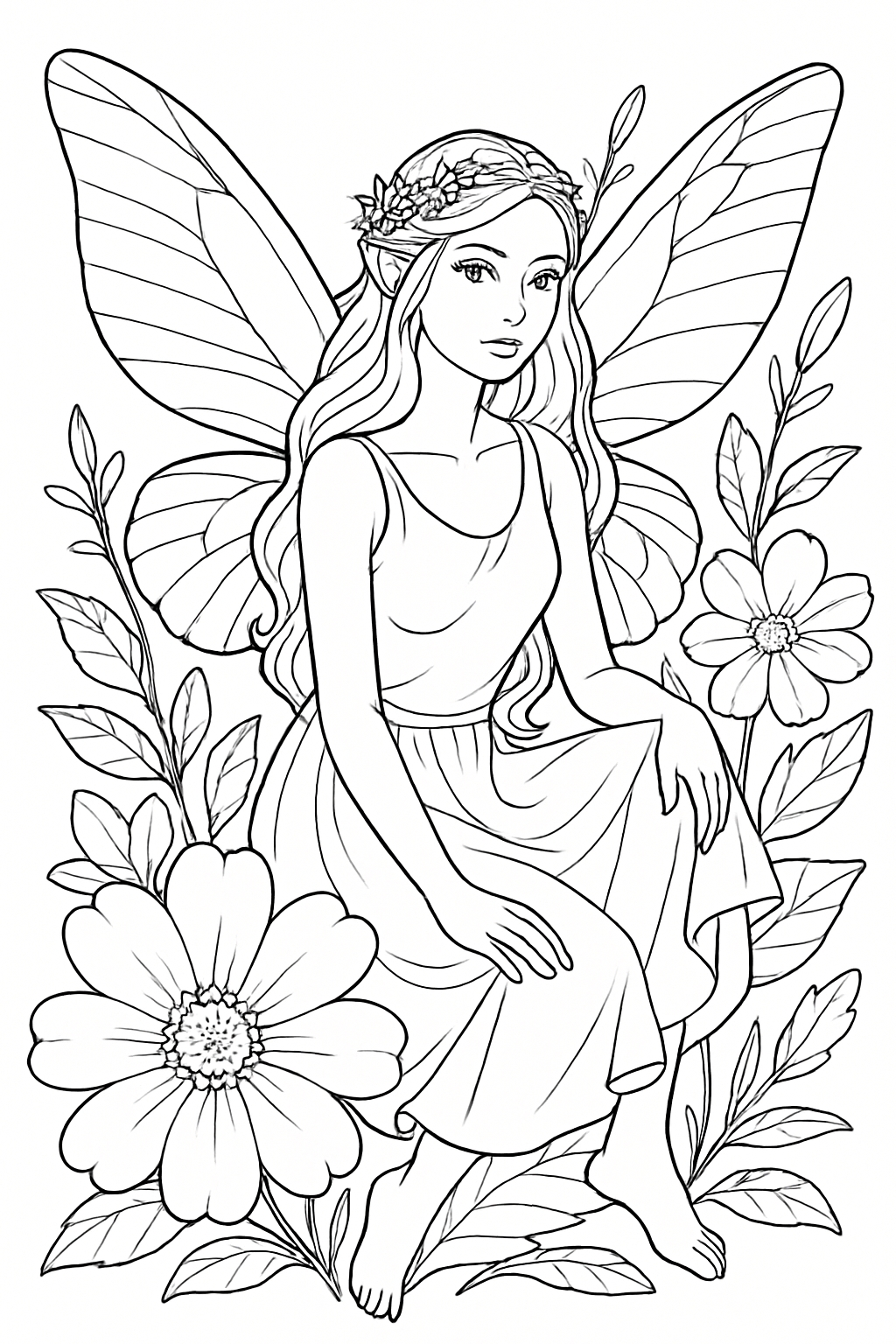 Whimsical Black and White Fairy Among Flowers Line Drawing Coloring Book Pages