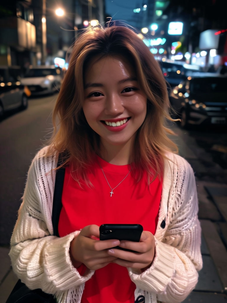 Warm Smiling Woman on Urban Night Street Photography