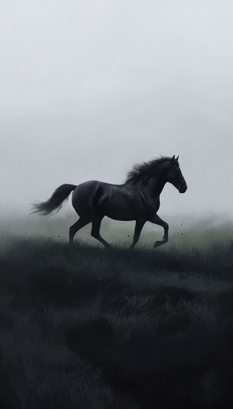 Majestic Black Horse Galloping in Foggy Grassy Field Mobile Wallpaper