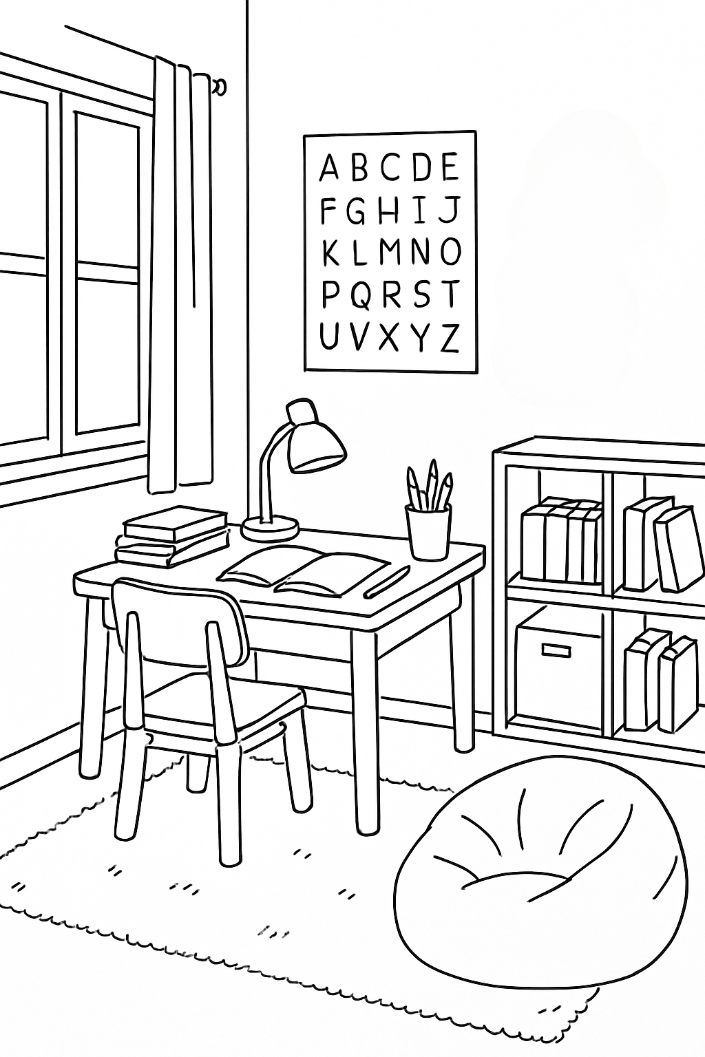 Black and White Study Room Line Drawing Coloring Page