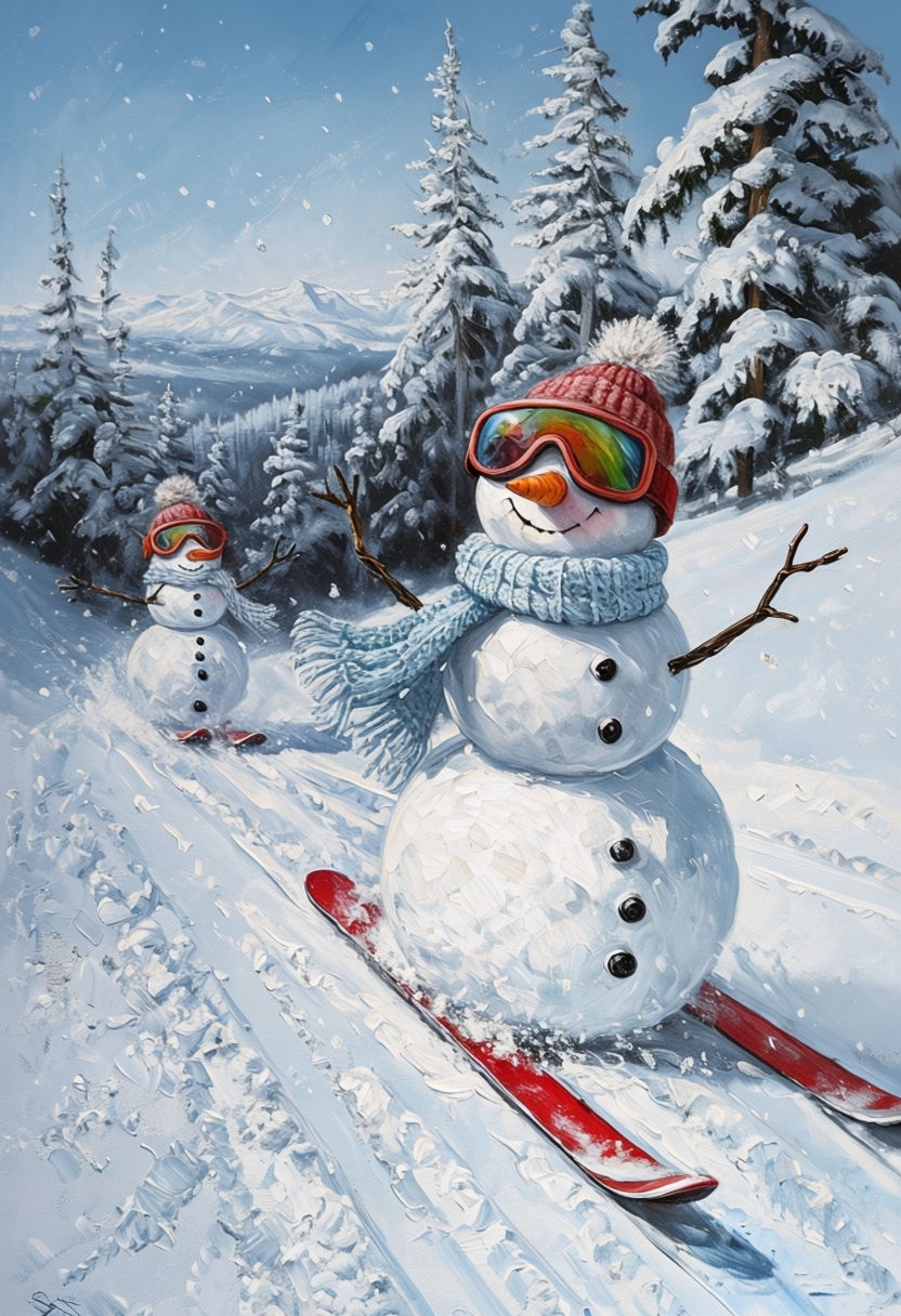 Whimsical Snowmen Skiing in a Winter Landscape Oil Painting Art