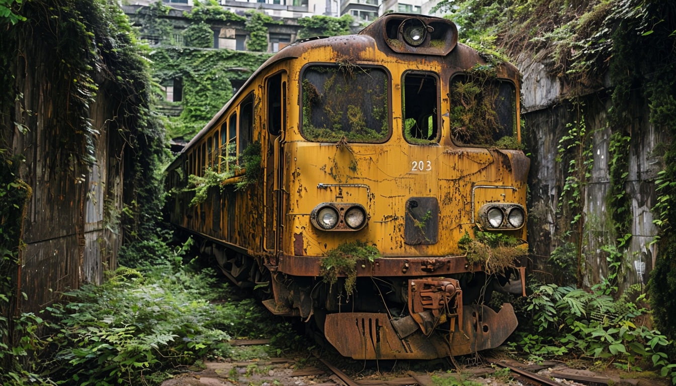 Rustic Abandoned Yellow Train in Overgrown Tunnel Background