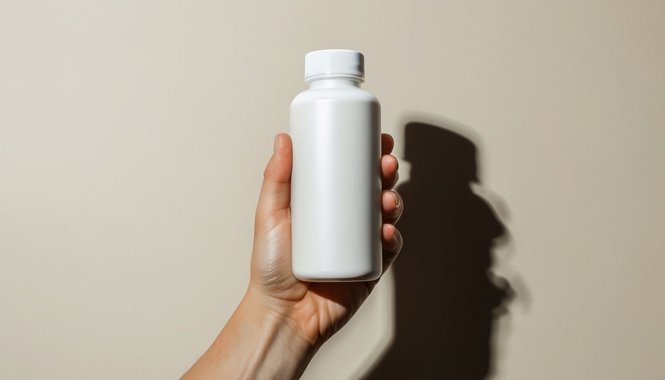 Minimalist Hand Holding White Plastic Bottle Mockup