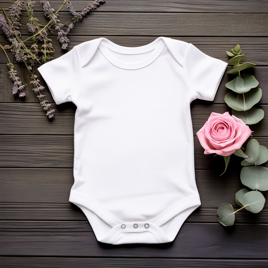 Minimalist Baby Onesie with Pink Rose and Eucalyptus Mockup