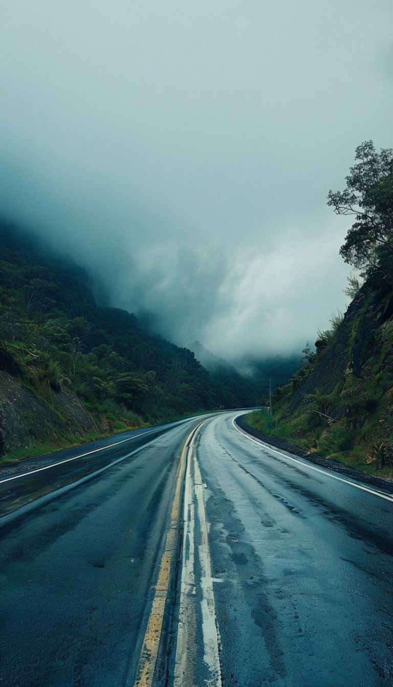 Misty Curved Mountain Road with Greenery Cinematic Wallpaper