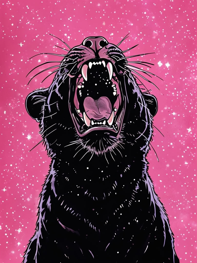 Majestic Black Panther Roaring Against Candy Pink Starry Night Art