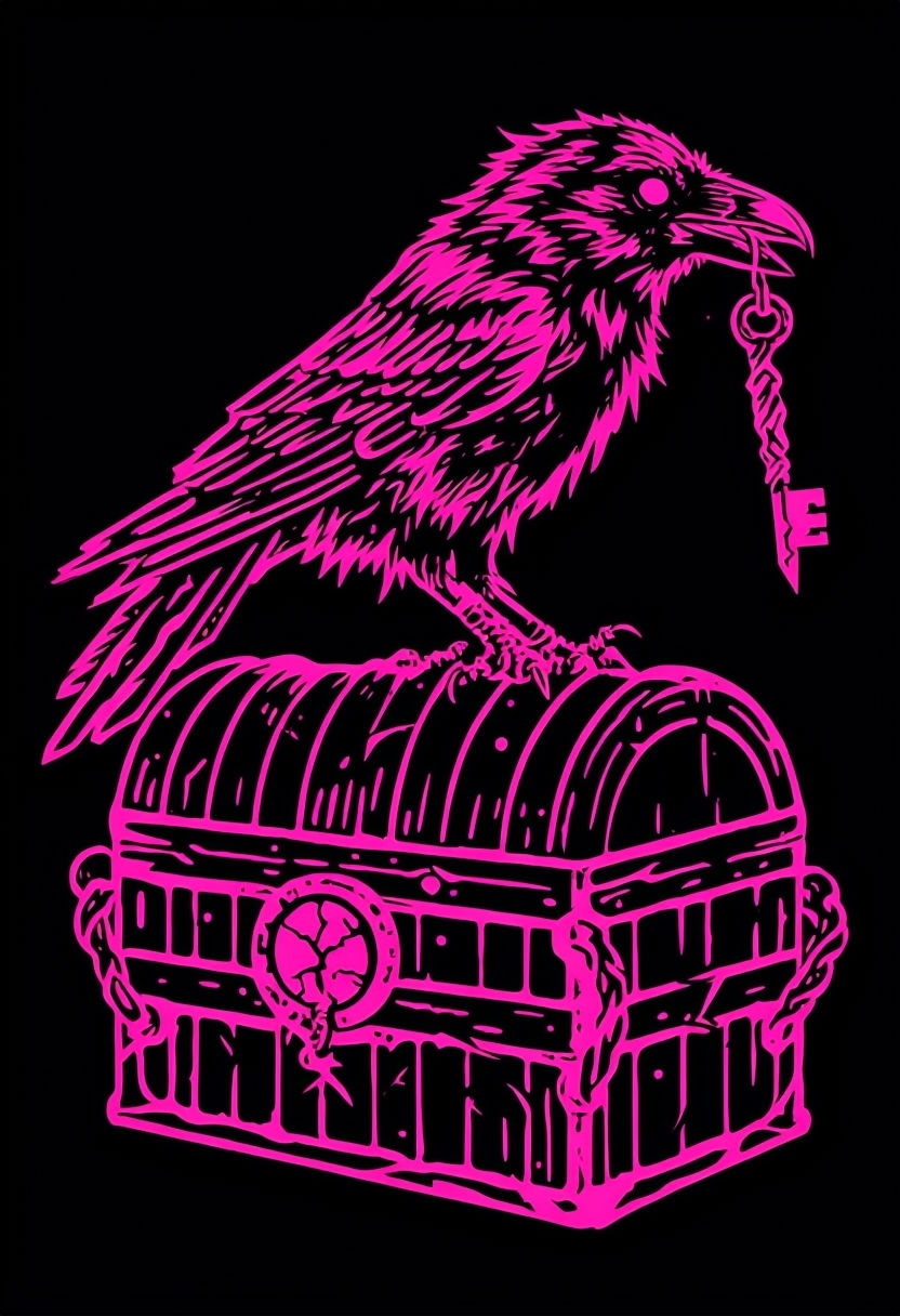 Ominous Hot Pink Crow and Chest Illustration Mobile Wallpaper