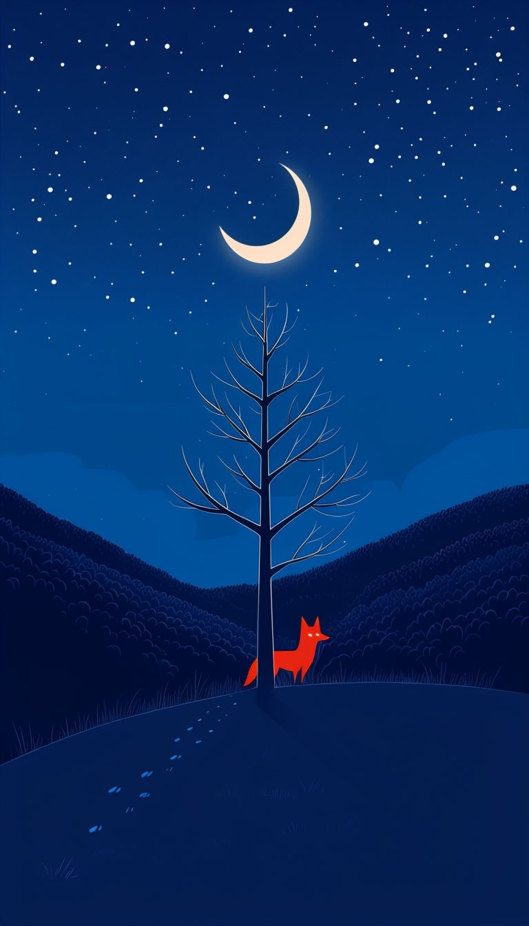 Tranquil Nighttime Landscape with Tree and Fox Mobile Wallpaper