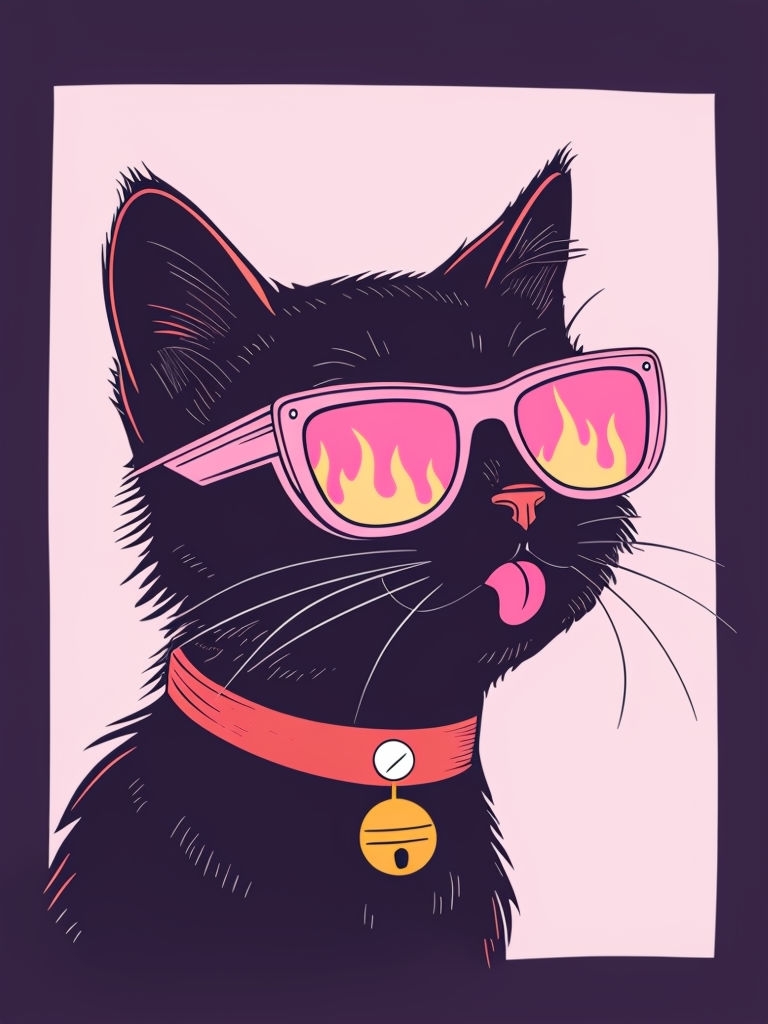 Playful Black Cat in Pink Sunglasses Cartoon T-Shirt