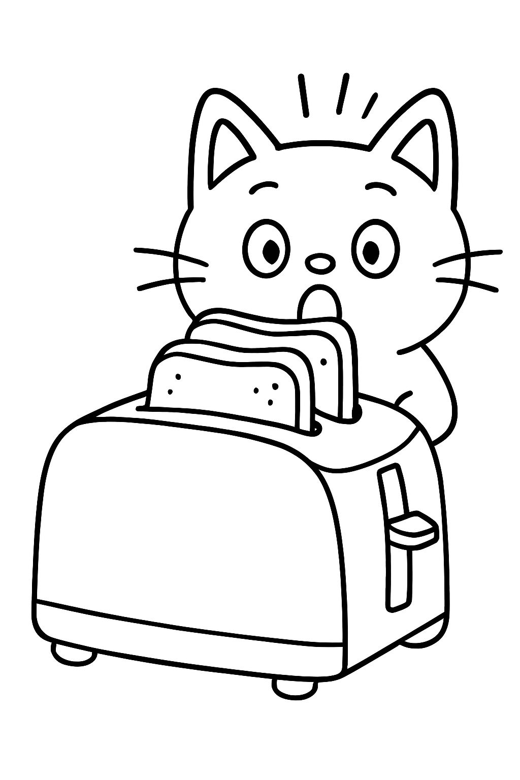 Surprised Cat Behind Toaster in Black and White Coloring Page