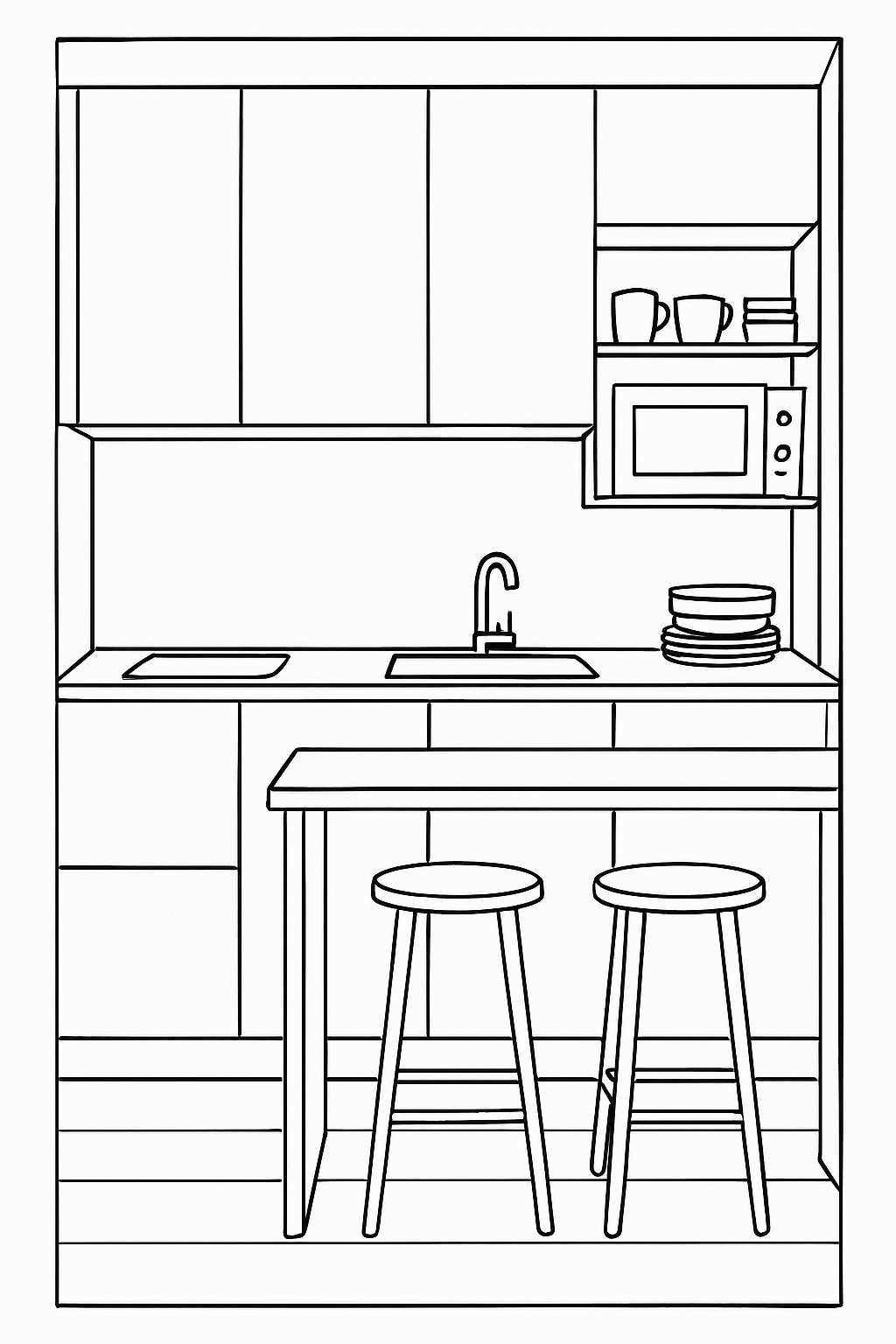 Minimalist Compact Kitchen Line Drawing Coloring Page