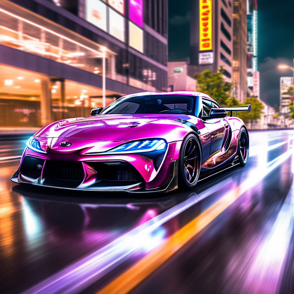 A modern Toyota Supra racing through a neon-lit cyberpunk ci... by ...