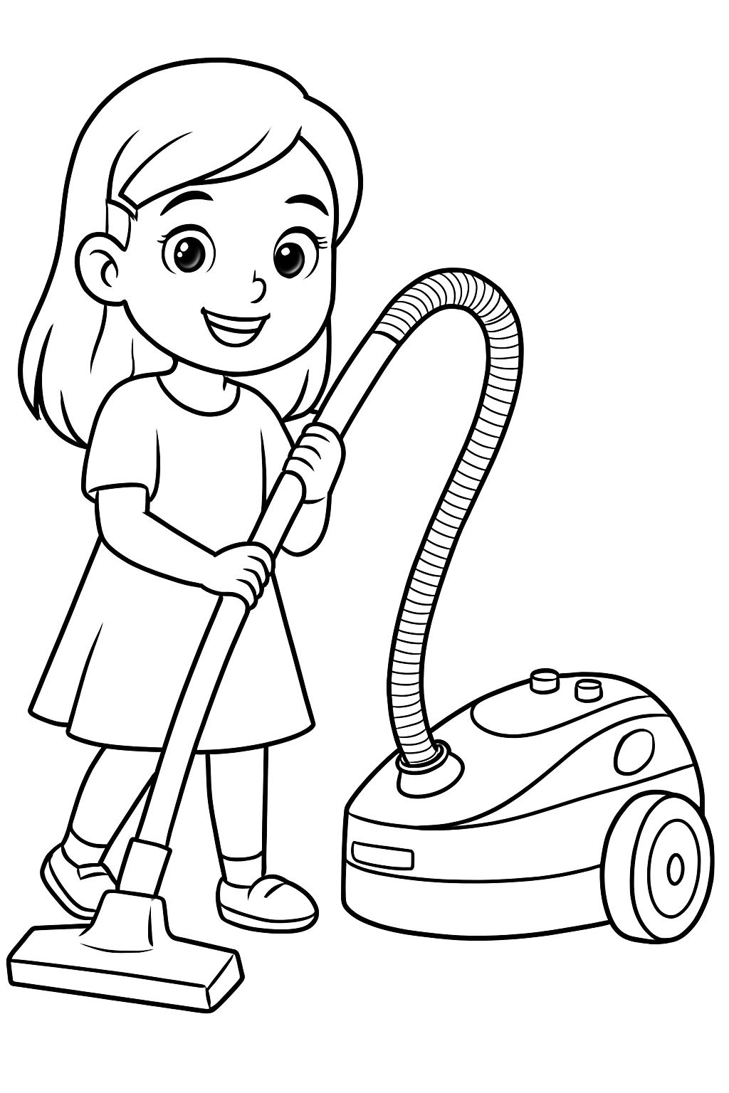 Cheerful Young Girl Vacuuming Line Art Illustration Coloring Book Pages