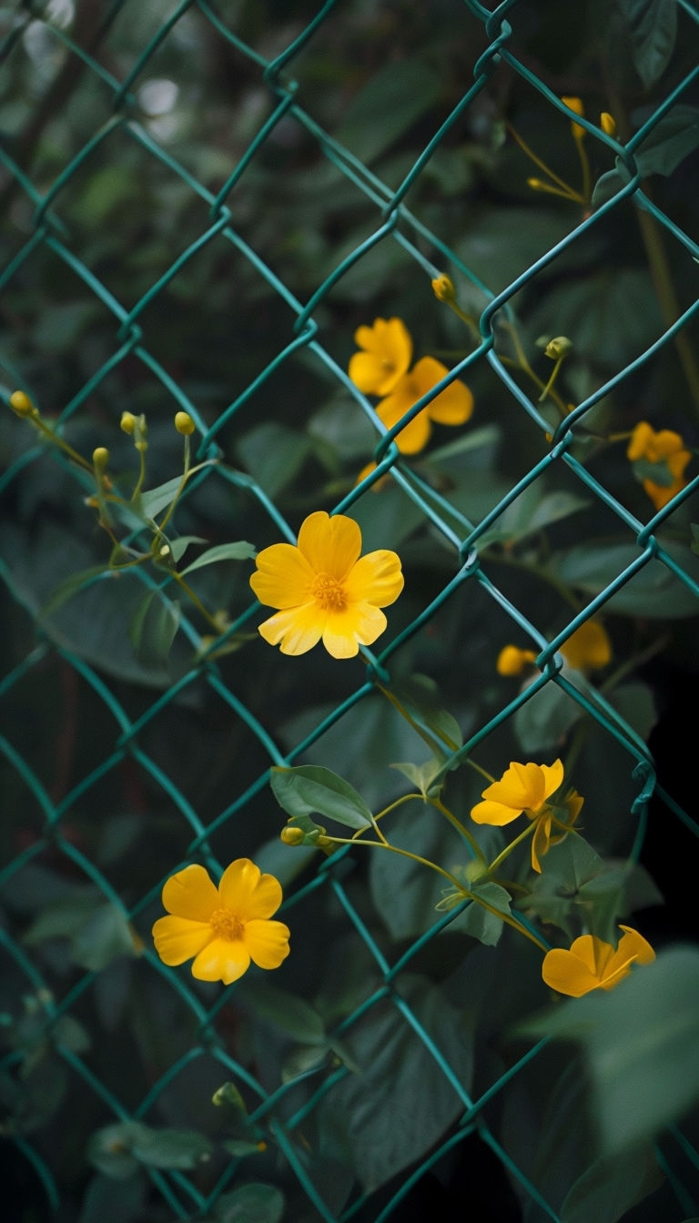 Vibrant Yellow Flowers on Green Chain-Link Fence Mobile Wallpaper