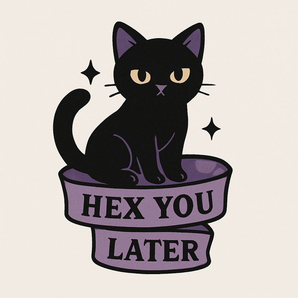 Whimsical Black Cat with Lavender Ribbons and Text Sticker