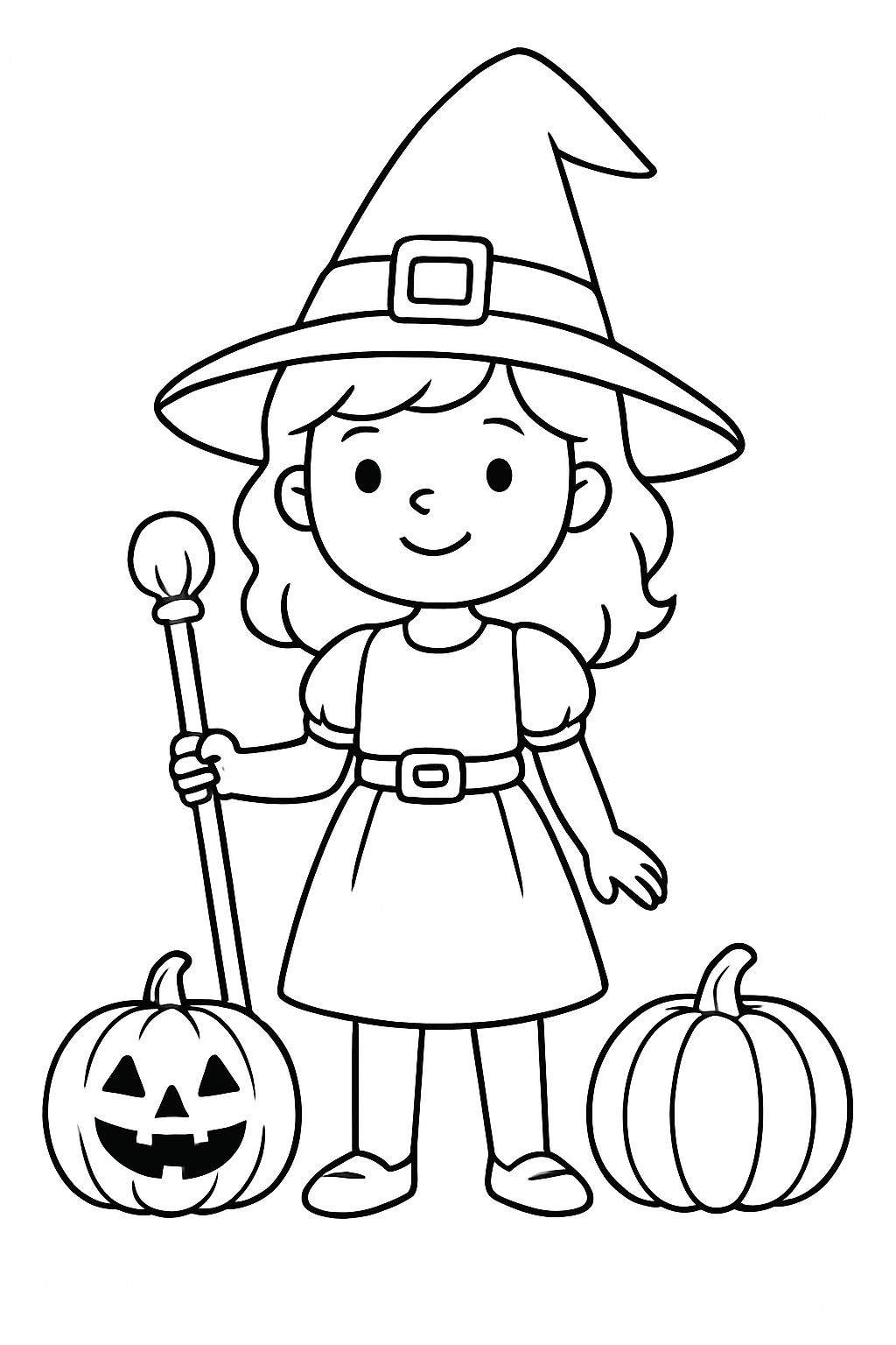 Witch Girl with Pumpkins Cartoon Line Art Coloring Page