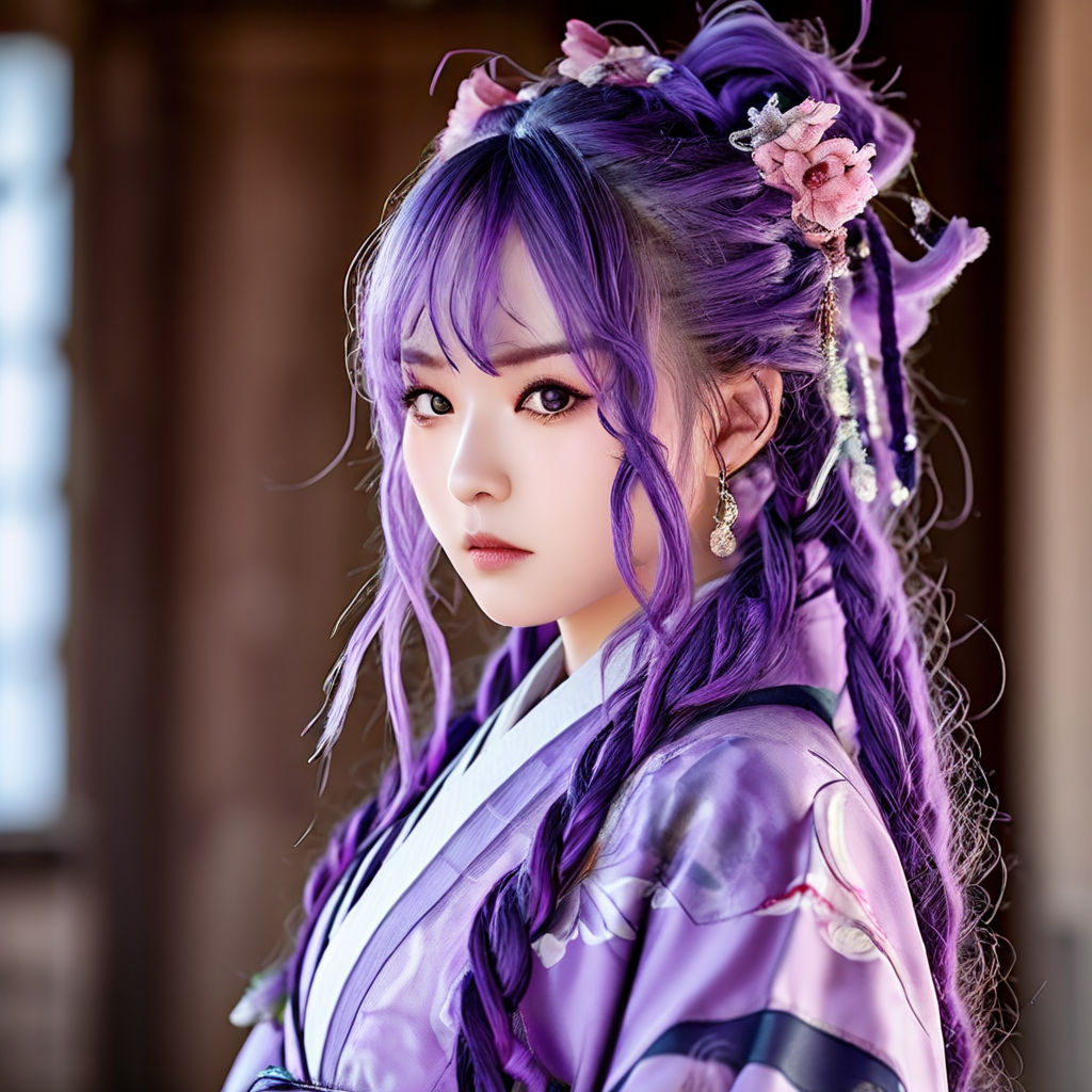 a cute anime girl with purple hair wearing yukata