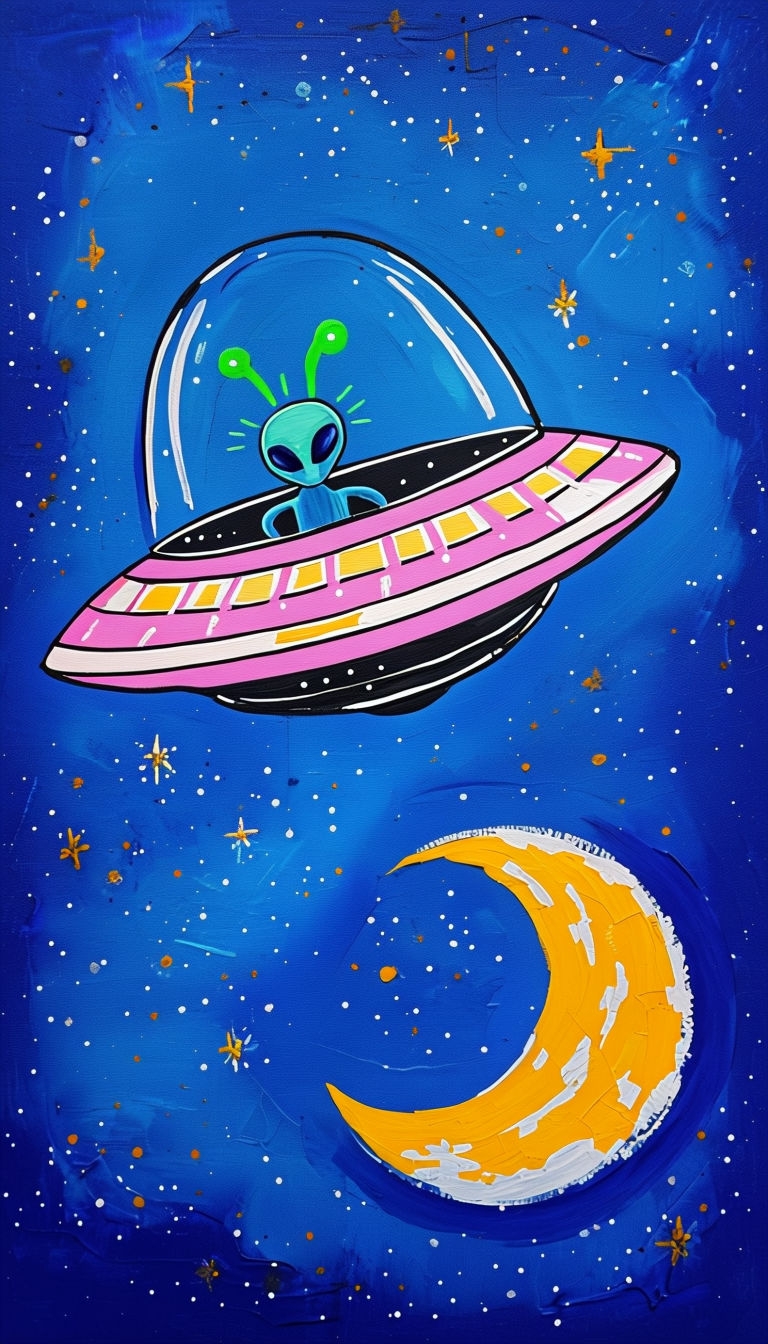 Vibrant UFO in Space Acrylic Painting with Cartoon Alien Mobile Wallpaper