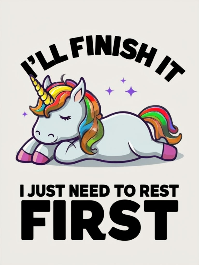 Whimsical Cartoon Unicorn with Relaxed Vibes and Fun Text Sticker