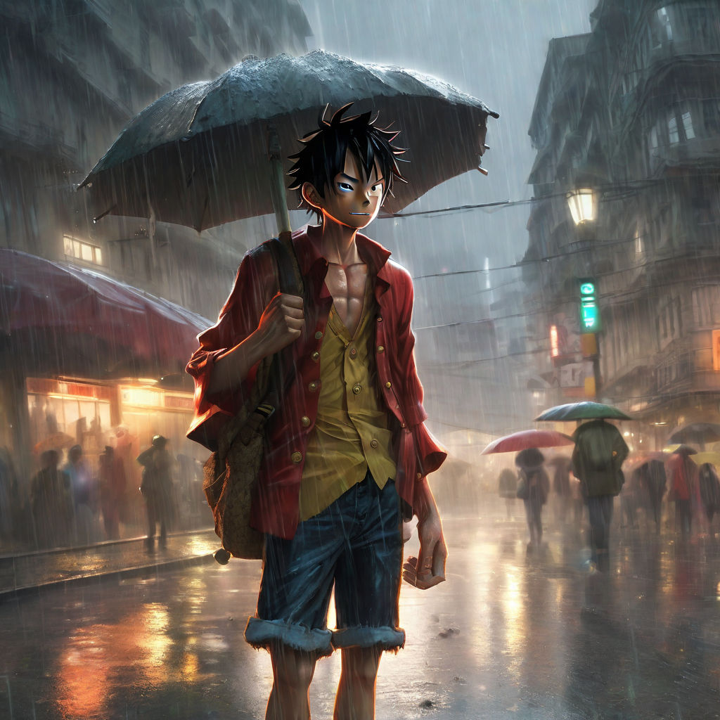 Luffy from One Piece in a rainy city setting by Hora Inglesa - Playground