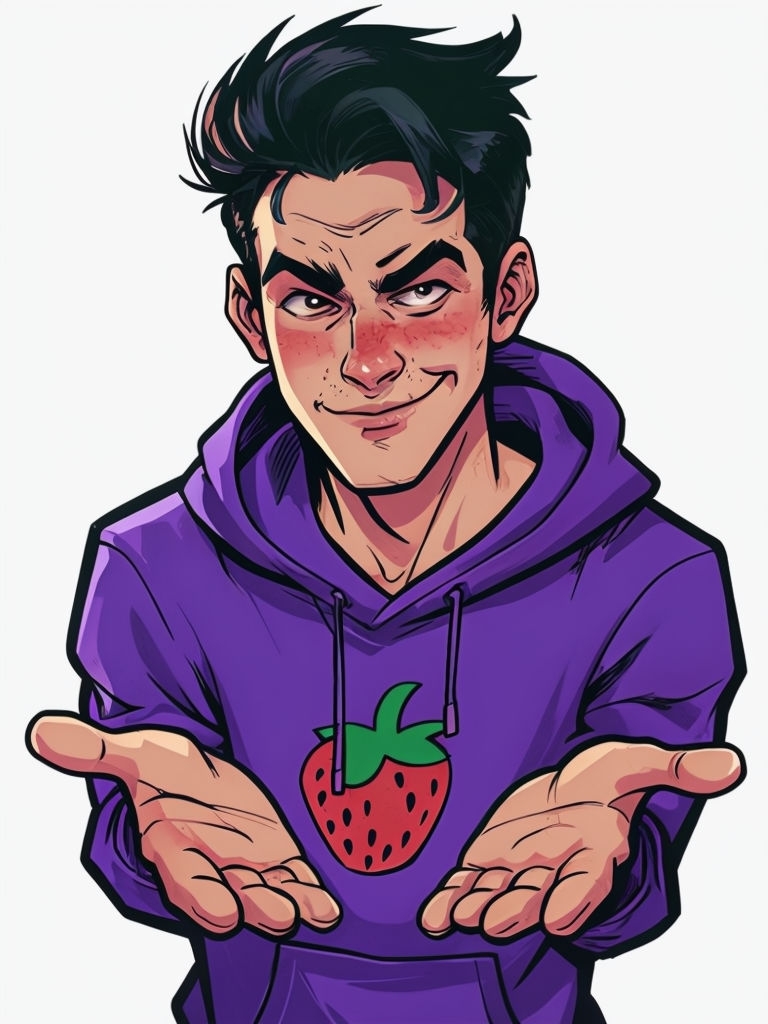 Playful Cartoon Young Man in Purple Hoodie with Strawberry Sticker