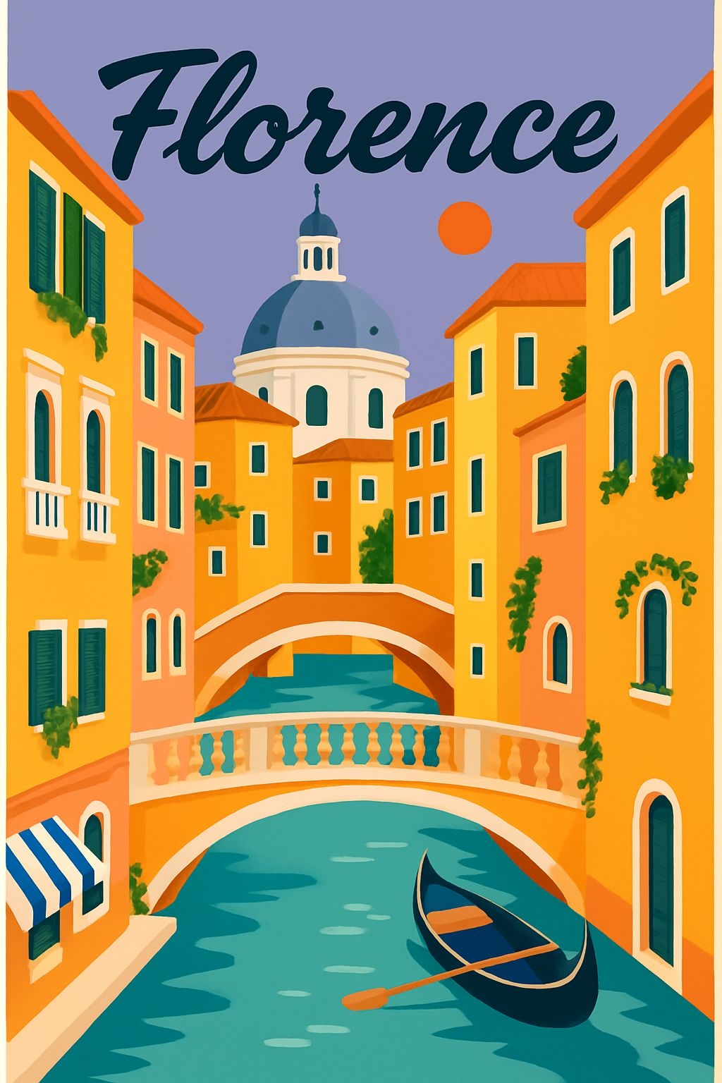 Vibrant Florence Canal Scene with Gondola and Sun Illustration Poster
