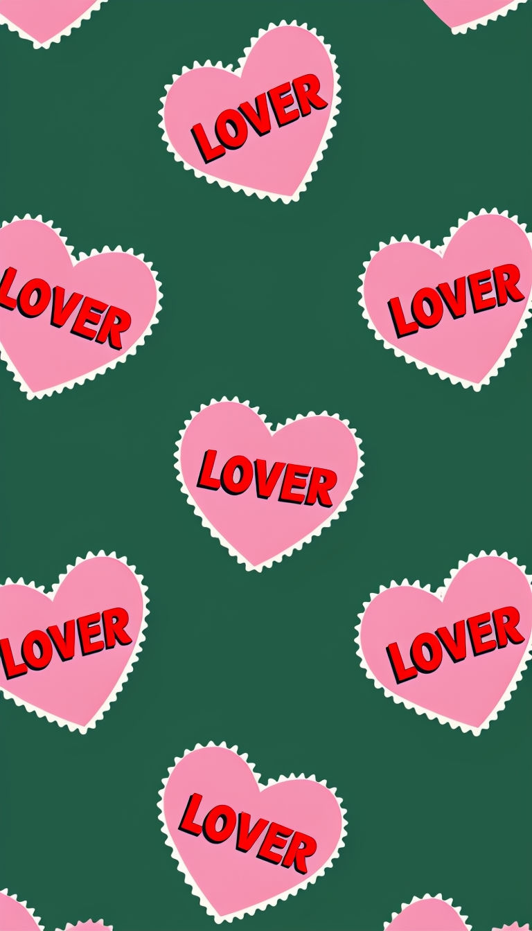 Playful Heart-Shaped Stickers Pattern with Bold 'LOVER' Text Tile Pattern