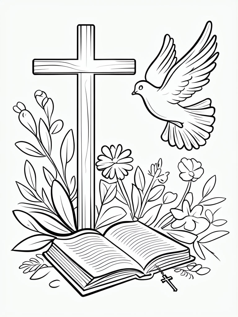 Serene Wooden Cross and Dove Line Art Coloring Page
