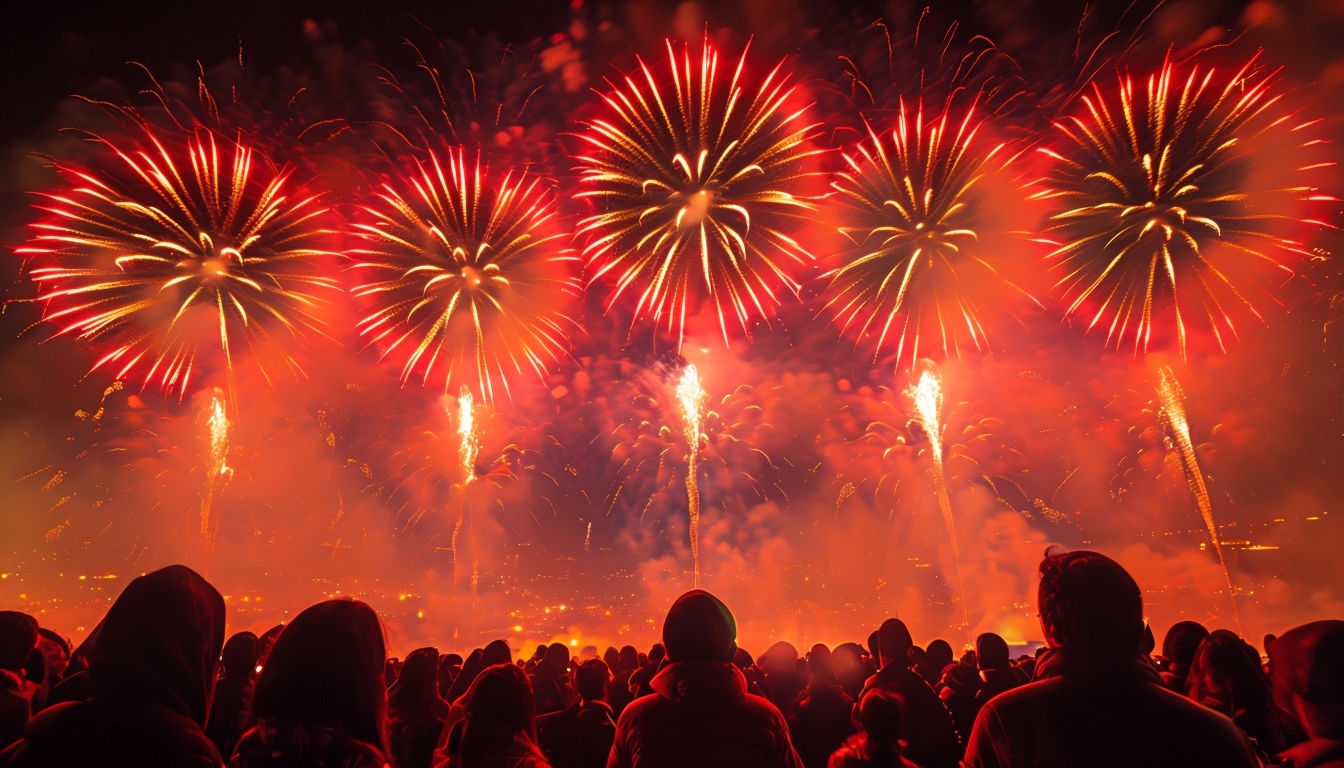 Vibrant Fireworks Display Over Silhouetted Crowd Art Poster