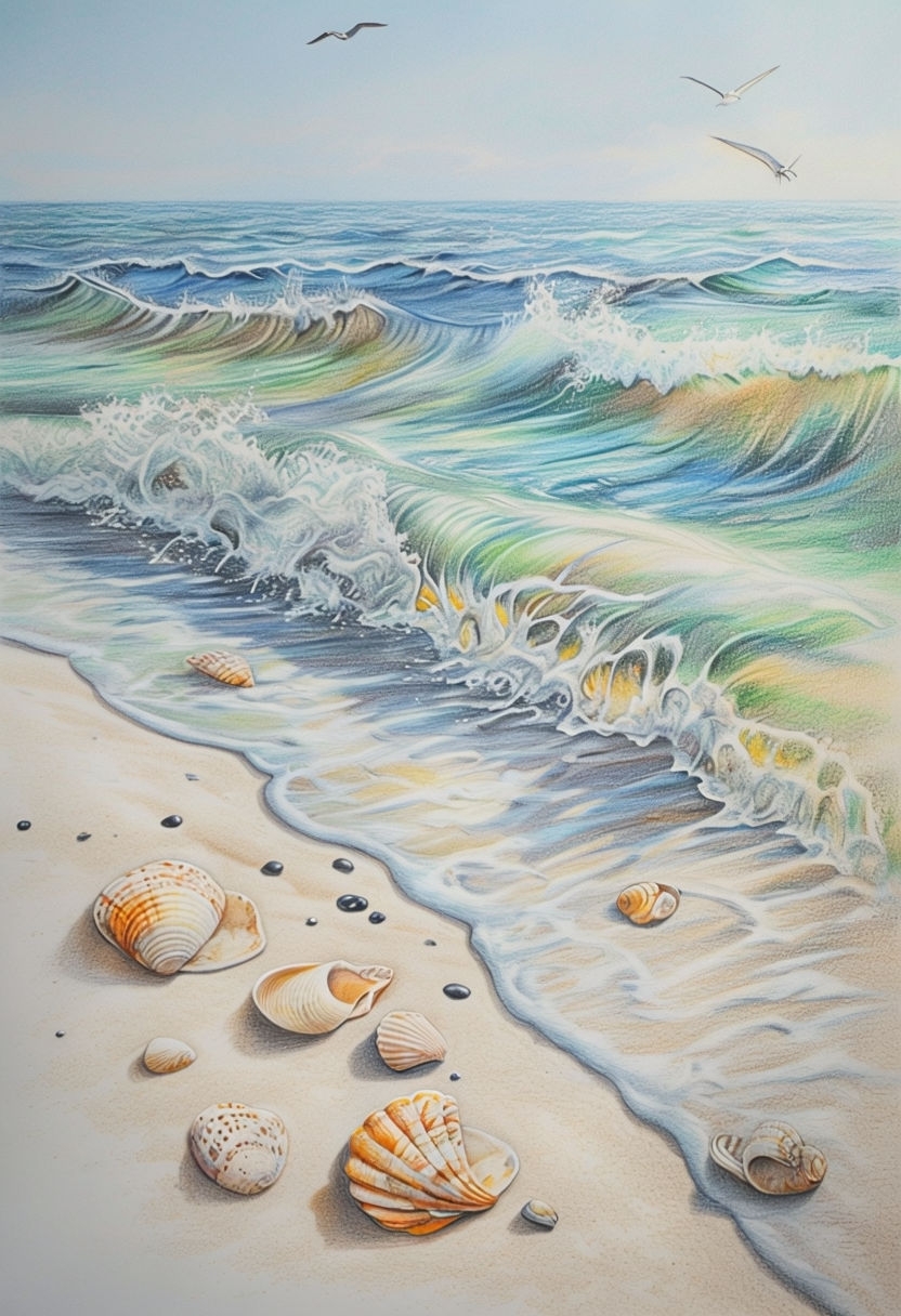 Serene Beach Scene Colored Pencil Art for Tranquil Home Decor Art