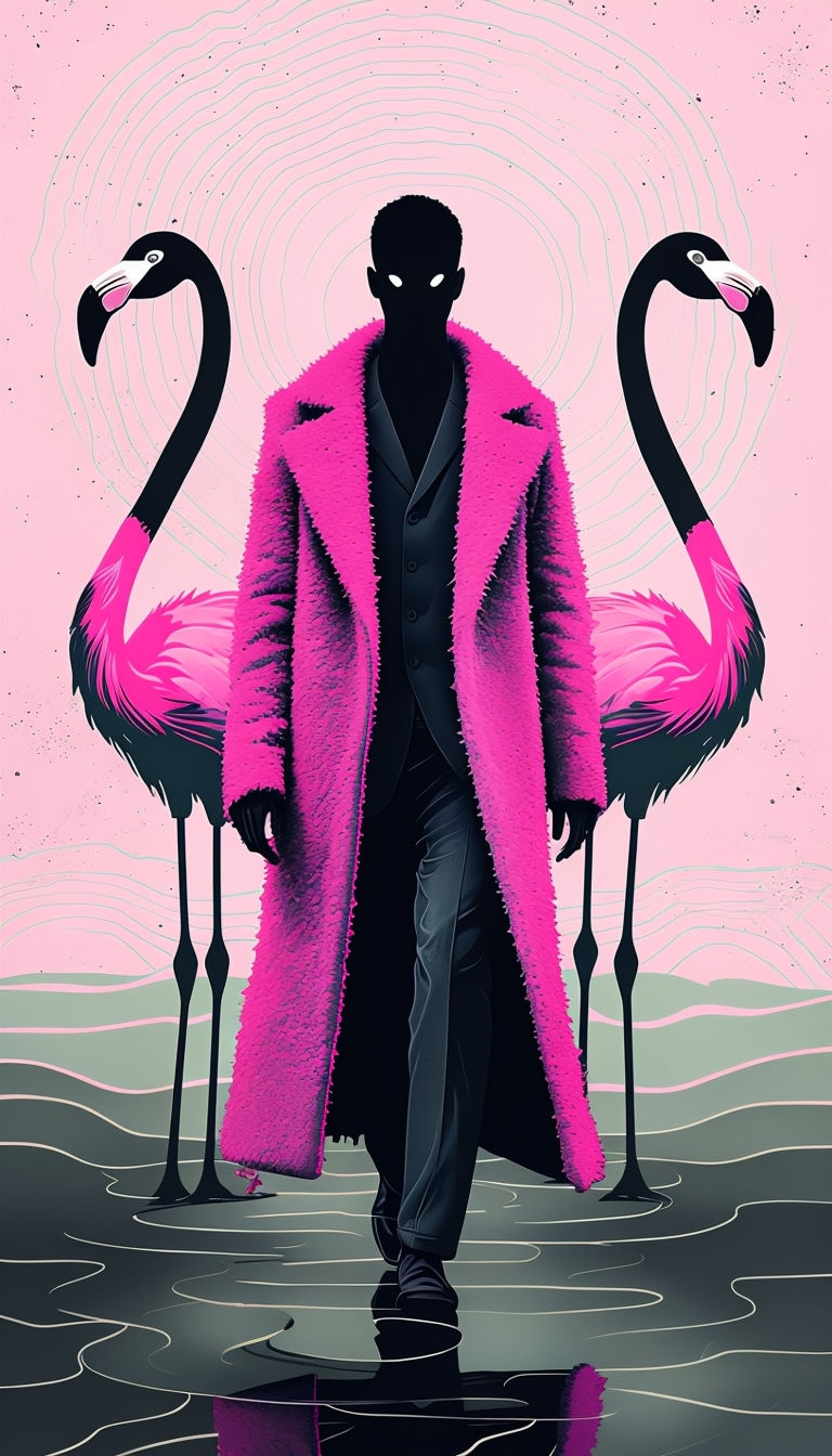 Surreal Pink Flamingo and Mysterious Figure Digital Artwork Mobile Wallpaper
