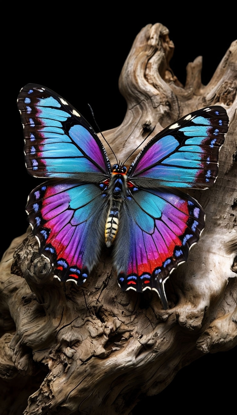 Vibrant Butterfly Close-Up on Driftwood Against Black Background Mobile Wallpaper