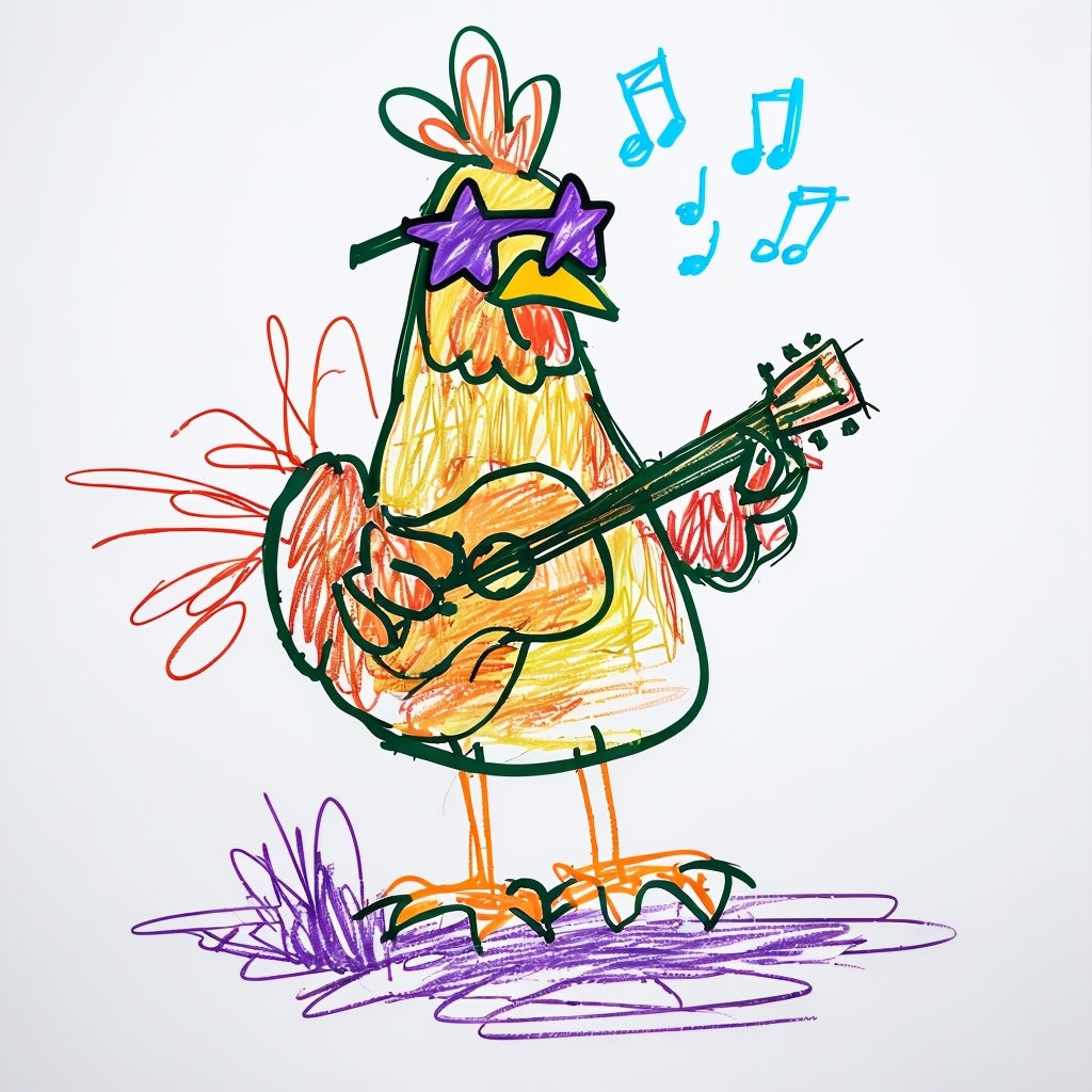 Childlike Cartoon Chicken Playing Guitar with Musical Notes Mug