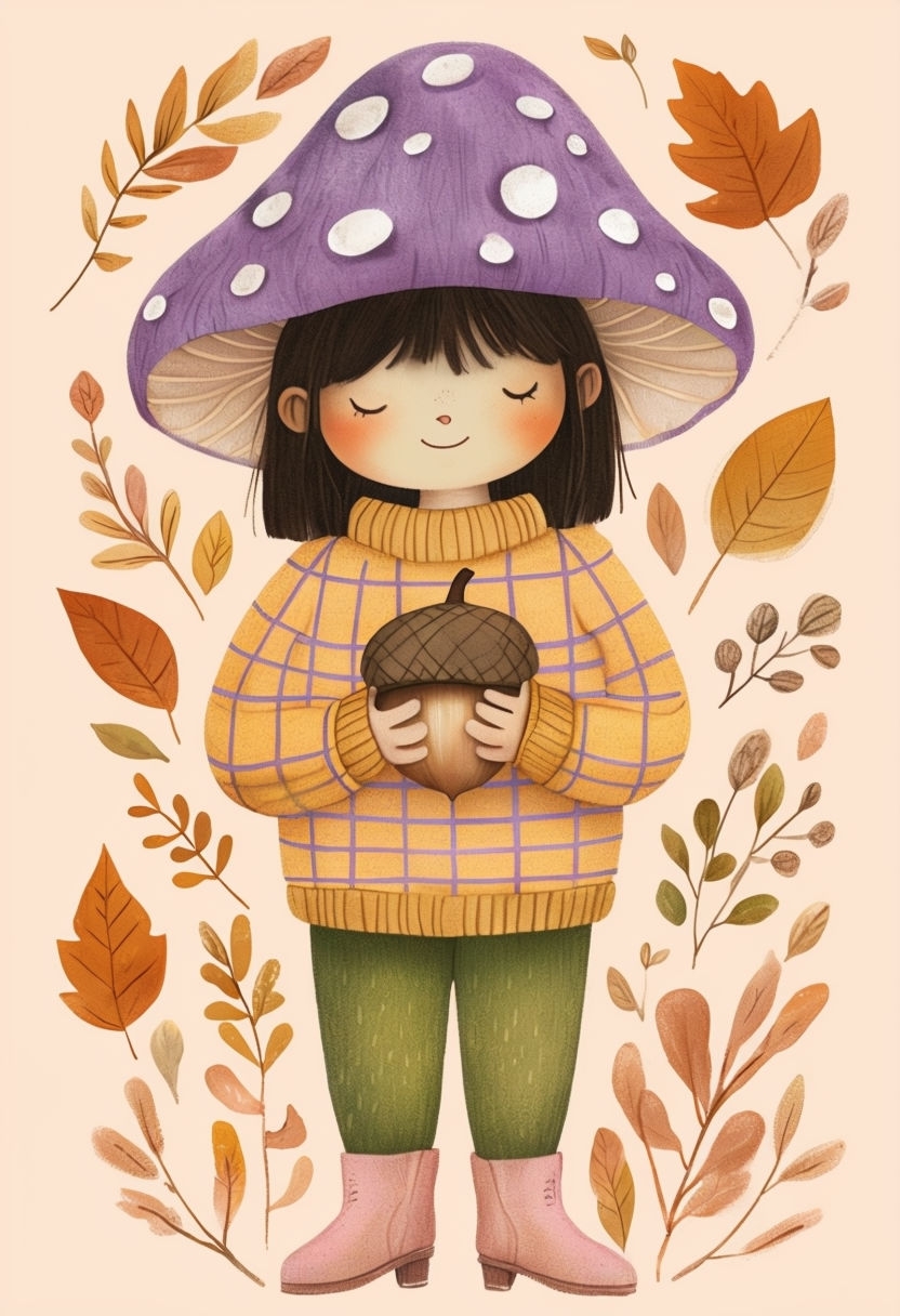 Whimsical Autumn Character Holding Acorn Illustration Art